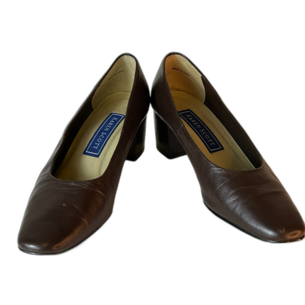 Karen Scott Women's Chocolate Brown Leather Square Toe Block Heel Pumps Size 8M